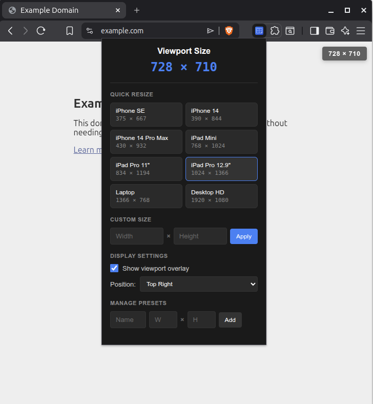 Extension popup with presets in context
